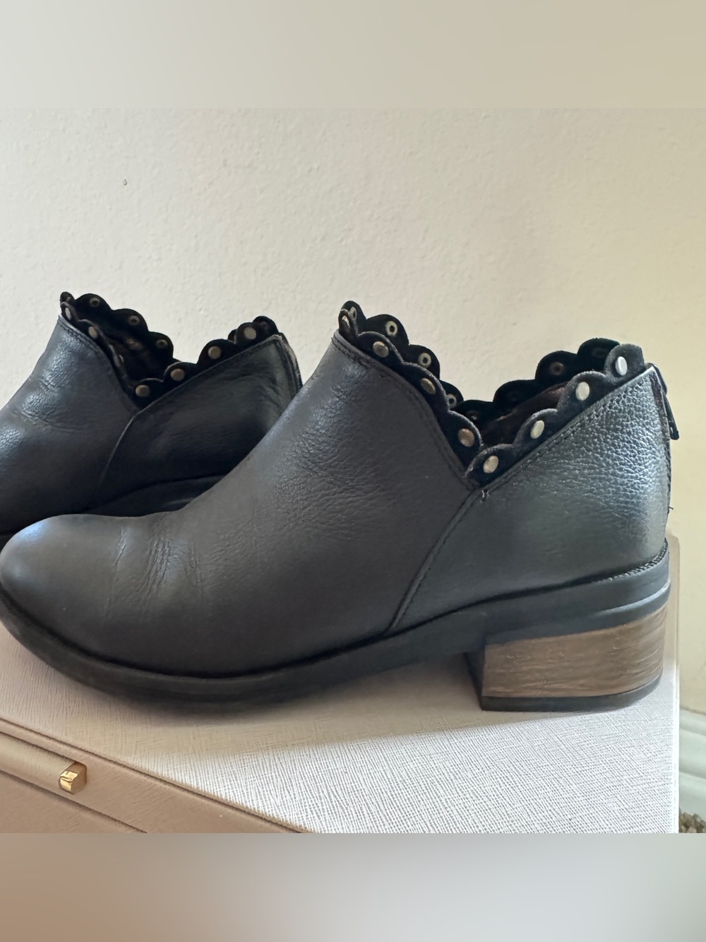 Genuine Black Leather Scallop-Trim Ankle booties